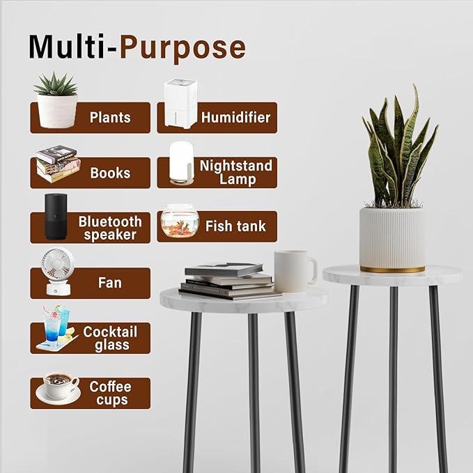 Plant Stand Indoor 2 Pack: Corner Wood 20 Inch Plant Stand Mid Century Modern Decor - Small Round Plant Table for Indoor Plants - Plant Holder for Patio Living Room Bathroom Office (White Marble)