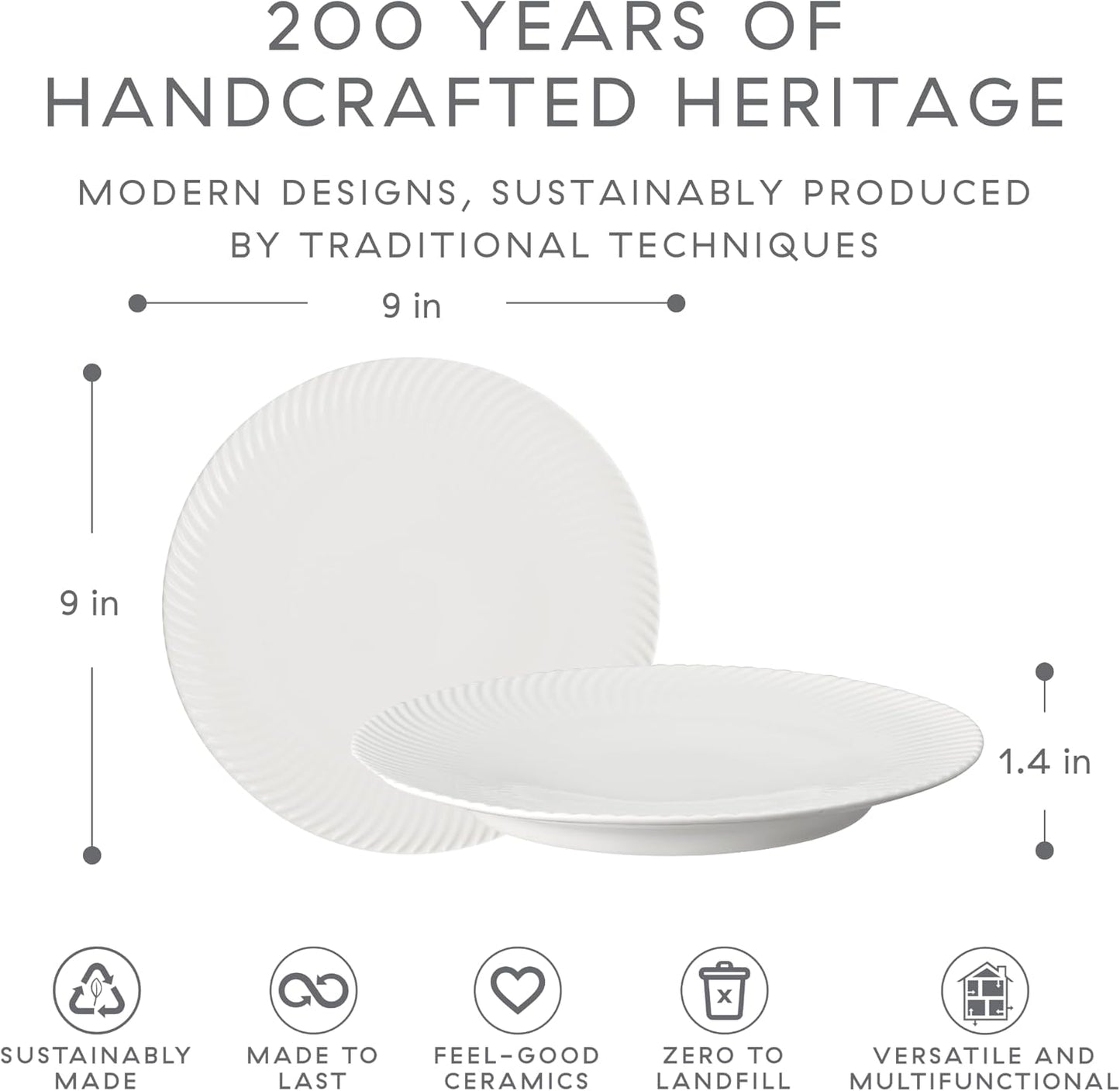 Denby - Arc White Porcelain Medium Plates Set of 6-9 Inch Glazed, Dishwasher Microwave Oven Safe - Scratch Chip Resistant Lunch, Appetizer, Dessert Plates - Dinnerware Plate Set