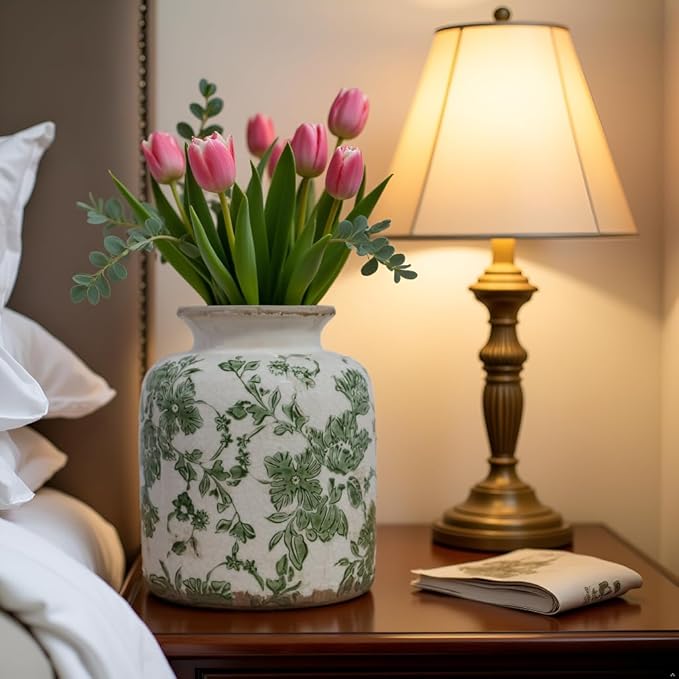 Vintage Ceramic Vase with Green Floral Pattern, White and Green, Crackle Glazed Finish, Decorative Garden Design (Medium - Vintage Round Floral Vase)