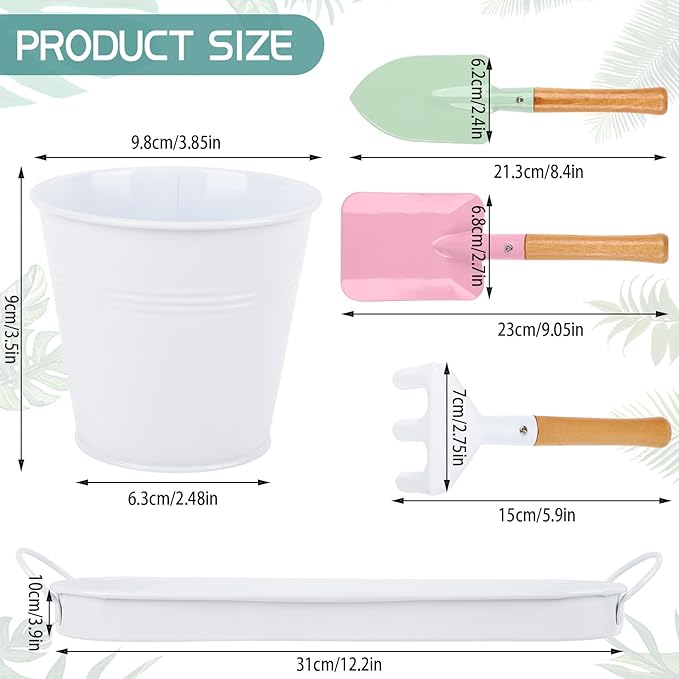 Indoor Herb Garden Set of 3 with Tray and 3 Types of Gardening Tools, Metal Plant Pots Herb Garden Planter Kit with Drainage for Plants (White)