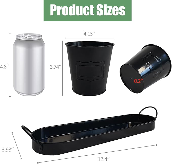 4" Herb Garden Planter Kit, Indoor Herb Planters with Tray, Set of 3 Metal Windowsill Pots for Flower Plants with Drainage Hole, Customizable Labels & Marker Pen, Black