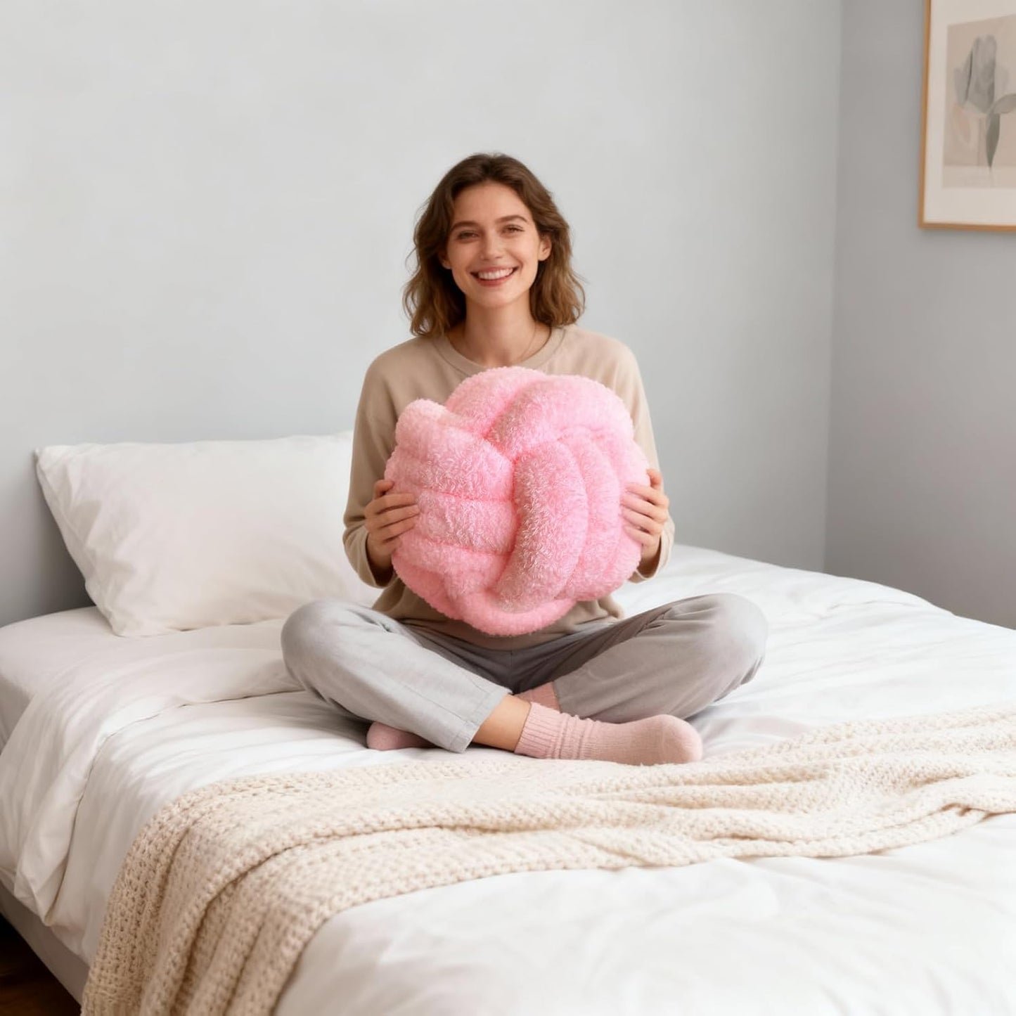 Knot Pillow Ball Plush - Decorative Throw Pillows for Bed Relieve Stress, Round Knot Cushion for Sofa Decor Pet Toy, Pink 12 inch
