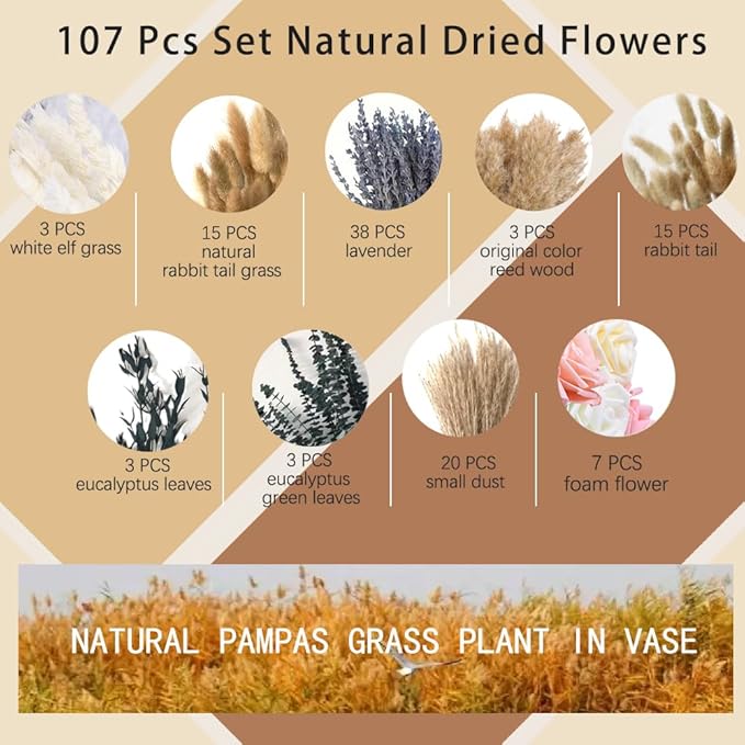 107pcs Natural Dried Pampas Grass Decor with Vase Artificial Flowers in Vase Boho Home Decor Bouquet Bunny Tails Dried Flowers, Reed Grass Bouquet for Wedding Floral Arrangements (107pcs)