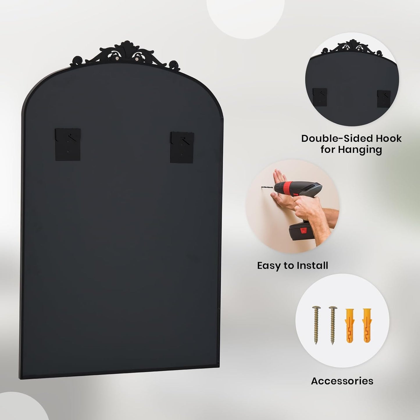 Filigree Arched Wall Mirror 22"x46" Retro Wall-Mounted Mirror with Vintage Ornate Carved Applique Hanging Leaning Antique Home Decor Mirror for Fireplace Living Room Entryway Hallway Bathroom, Black