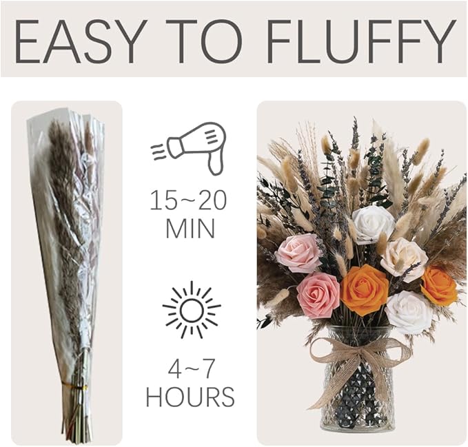 107pcs Natural Dried Pampas Grass Decor with Vase Artificial Flowers in Vase Boho Home Decor Bouquet Bunny Tails Dried Flowers, Reed Grass Bouquet for Wedding Floral Arrangements (107pcs)