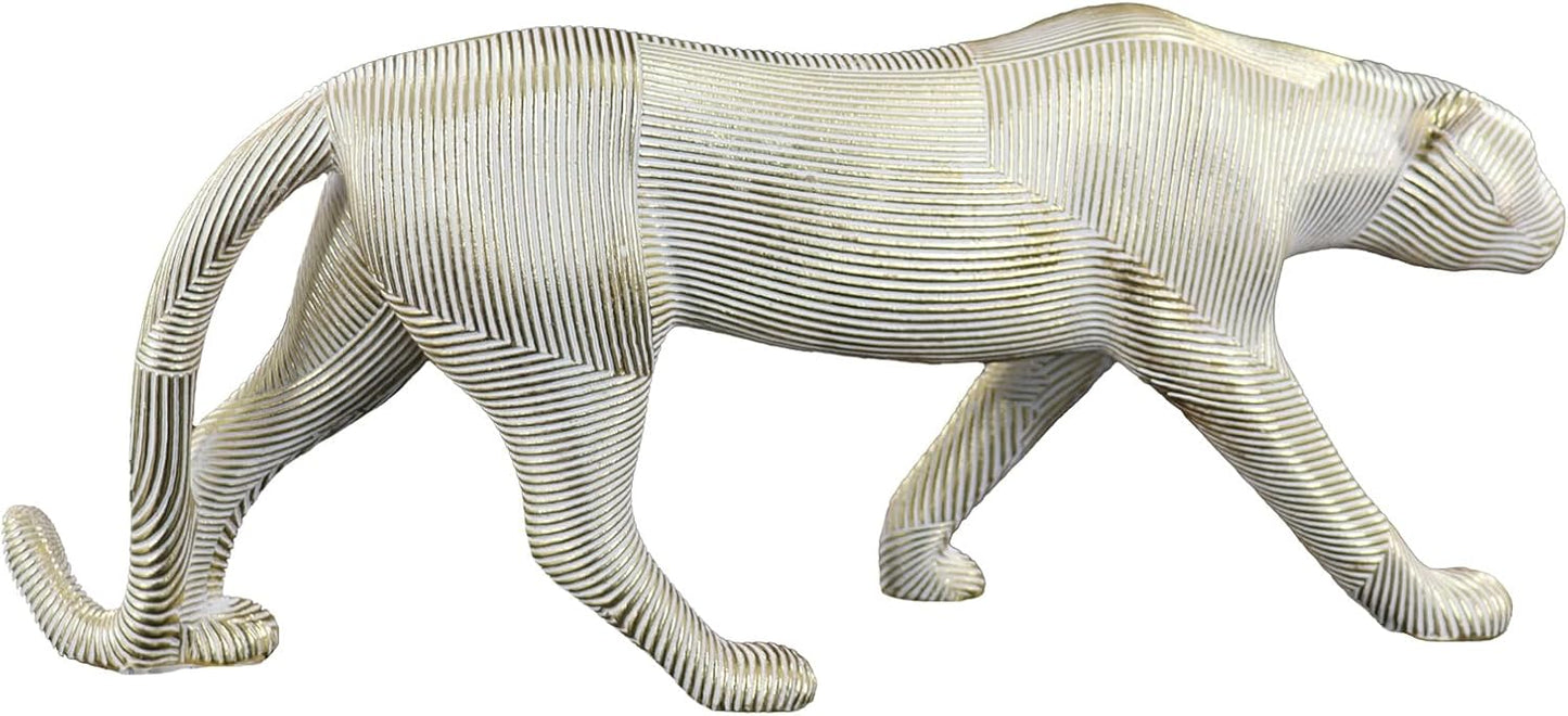 Gold Striped Leopard Statue – Modern Resin Panther Sculpture Figurine – Luxury Animal Decor for Living Room, Office, Shelf & Tabletop – Walking Cheetah Ornament