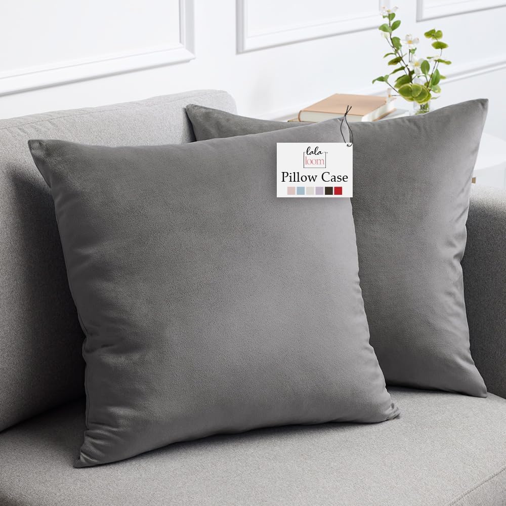 lalaLOOM Velvet Throw Pillow Covers, Set of 2 Decorative Square Pillows Home Decor, Soft Accent Cases, Silky Machine Washable Pillowcases for Sofa, Couch, Bedroom, Living Room, 16x16, Dark Gray