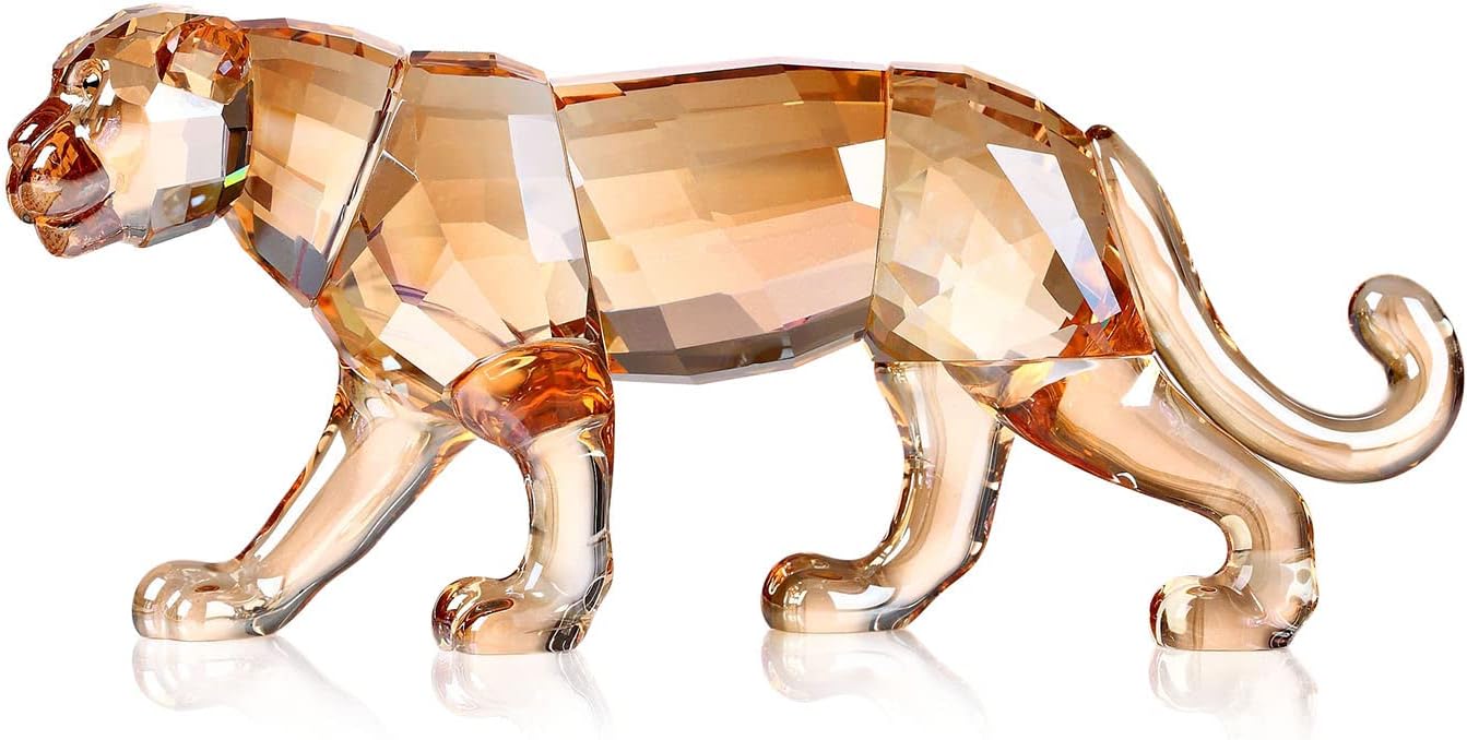 Crystal Leopard Cheetah Realistic Animal Art Figurine Collection Table top Ornament Statue Home Decor (Gold)
