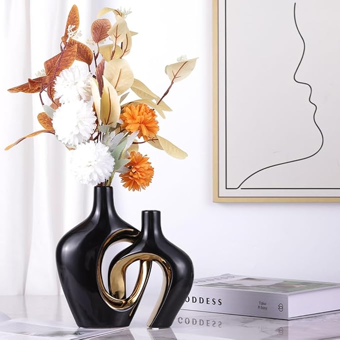 Black and Gold Hollow Ceramic Vase Set of 2, Modern Nordic Boho ins Style Aesthetic Decorative Flower Vase for Home Decor, Wedding, Living, Bedroom, Dining Table, Shelf, Mantle, Office Decor