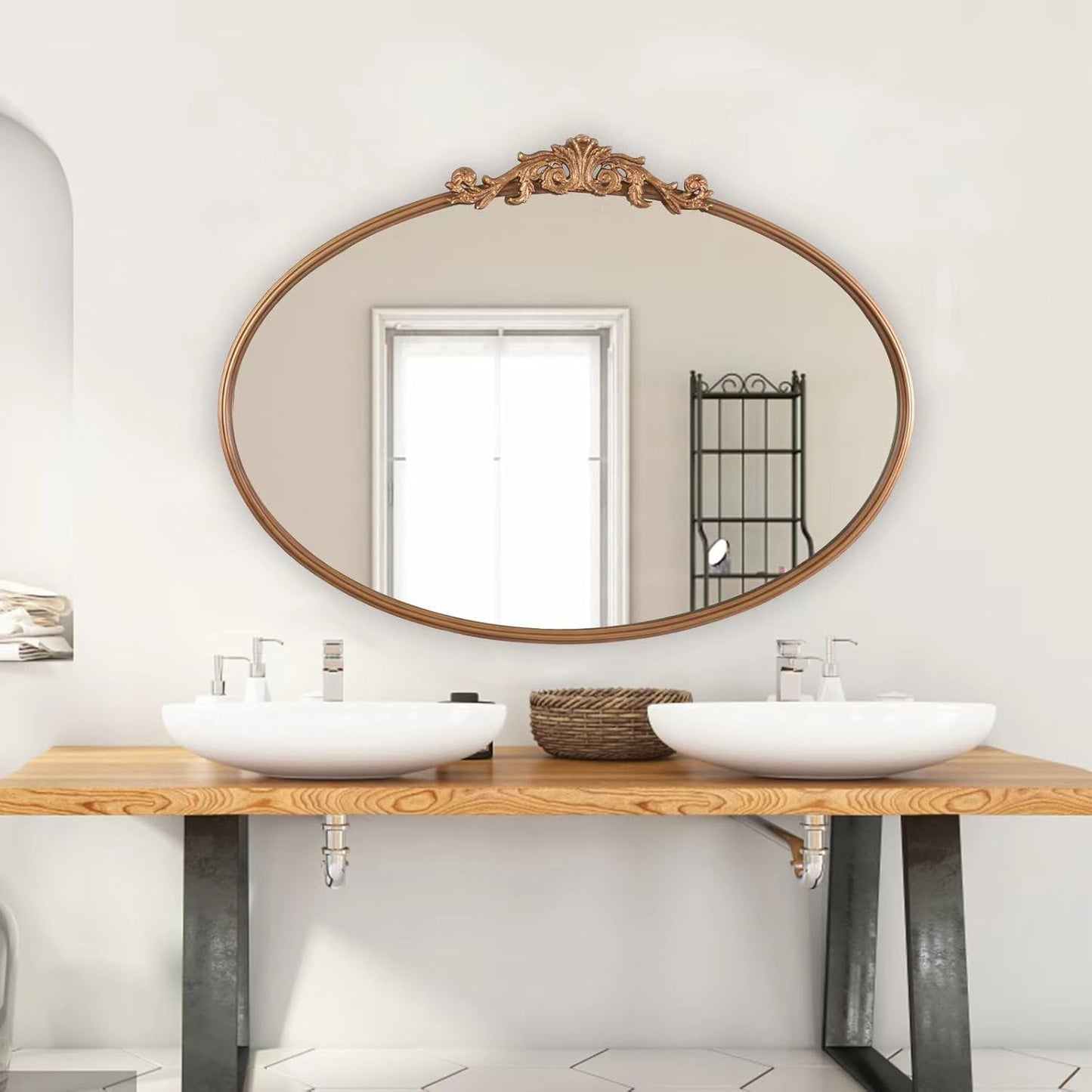 Gold Oval Mirror for Wall,Baroque Fireplace Decor,Brass Wall Mirror,Victorian Vintage with Full Matel Frame,Ornate Entryway/Bathroom/Living Room/Hallway 36''X24'' (XD-004ZM)