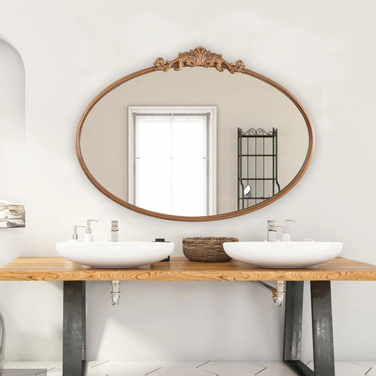 Gold Oval Mirror for Wall,Baroque Fireplace Decor,Brass Wall Mirror,Victorian Vintage with Full Matel Frame,Ornate Entryway/Bathroom/Living Room/Hallway 36''X24'' (XD-004ZM)