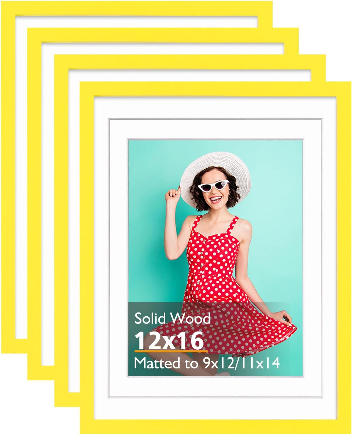 KINLINK 12x16 Picture Frame Yellow, Solid Wood Frames with Acrylic Plexiglass for Pictures 11x14/9x12 with Mat or 12x16 without Mat,Wall Display Photo Frame, Set of 4