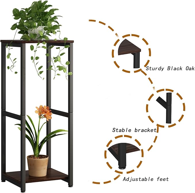 Plant Stand Indoor Corner Tall 2 Tier Metal Modern Flower Storage Plant Shelf Holder for Living Room Balcony Garden,Black Oak (2 Tier-Black Oak)