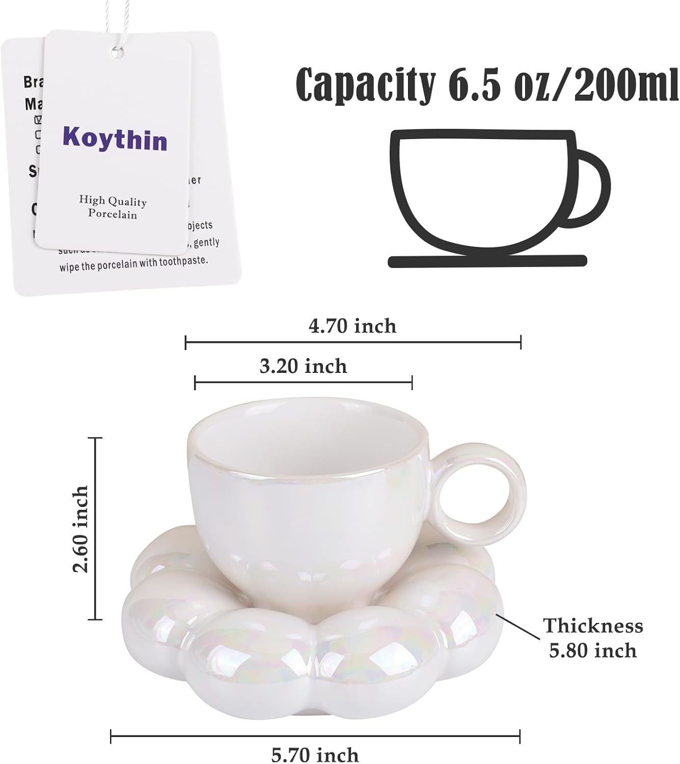 Koythin 4 Pieces Ceramic Sunflower Mug Saucer Set, Creative Cute Cup with Cloud Coaster, 6.5 oz/200 ml Aesthetic Mugs for Tea Latte Milk (4 Pearl White)