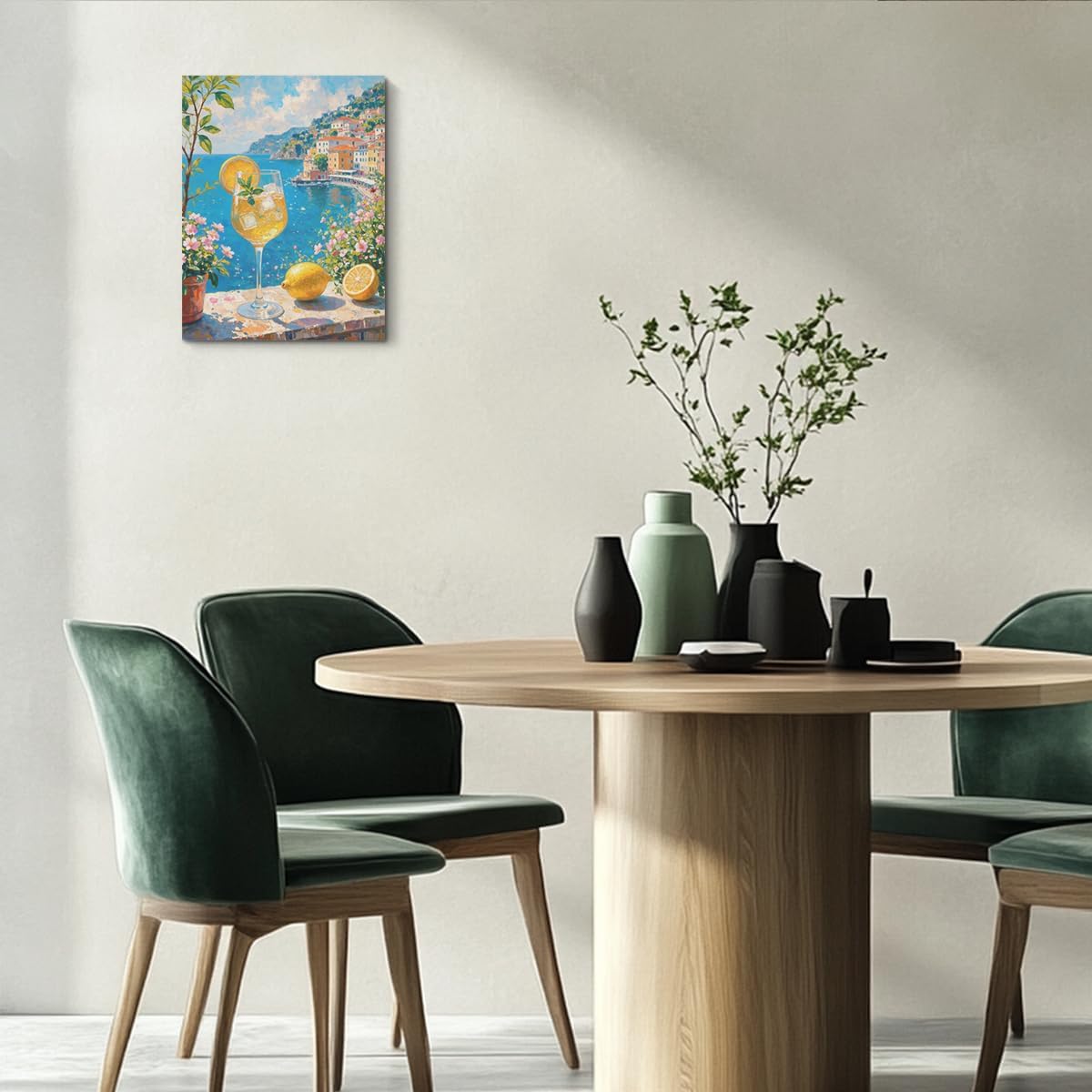 Italy City Wall Art, Coastal Landscape Watercolor Painting Italy Lemon Canvas Framed Prints Modern Decorations, Summer Aesthetic Flowers Poster for Living Room Entryway Farmhouse Bedroom Dining room