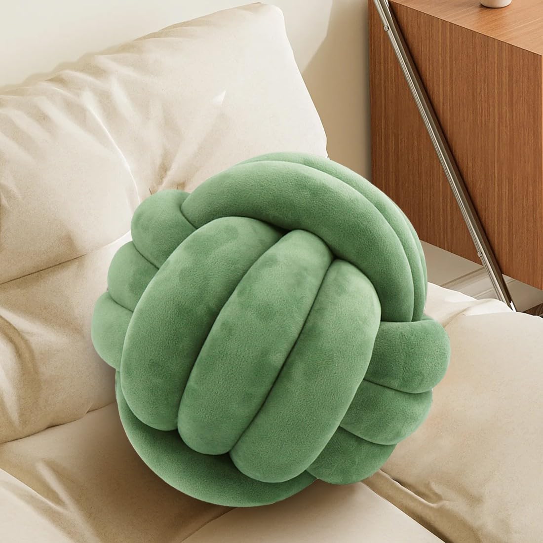 Knot Pillow Ball, Handmade Decorative Throw Pillow, Soft Round Knotted Cushion for Couch & Bedroom, Cute Home Decor, Braided Pillow for Living Room (7.87 Inches, Olive)