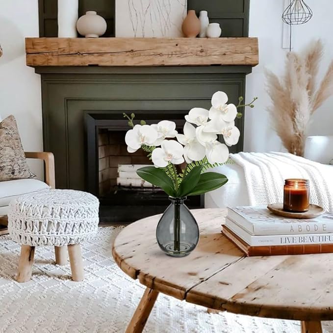 White Orchids Artificial Flowers, Faux Orchid in Glass Vase Real Touch Small Phalaenopsis Orchid Flowers Arrangements with Black Vase Orchid Centerpiece for Dining Room Table