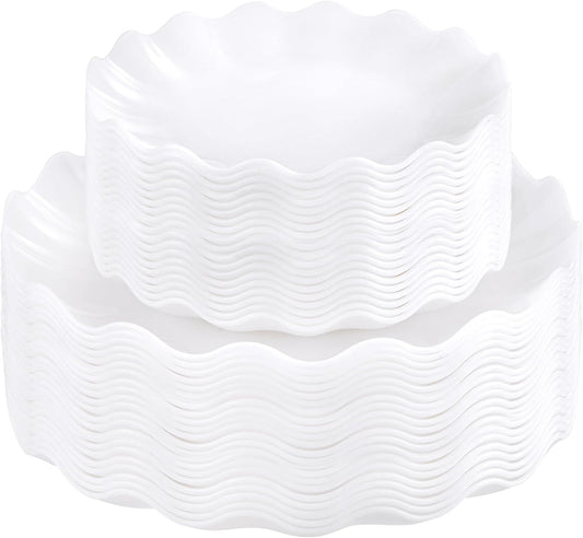 LIYH 50 Pcs White Scalloped Plastic Plates Reusable - Unbreakable Plastic Plates for Weddings Party Outdoor Picnics Dishwasher Safe BPA Free (25Guests)
