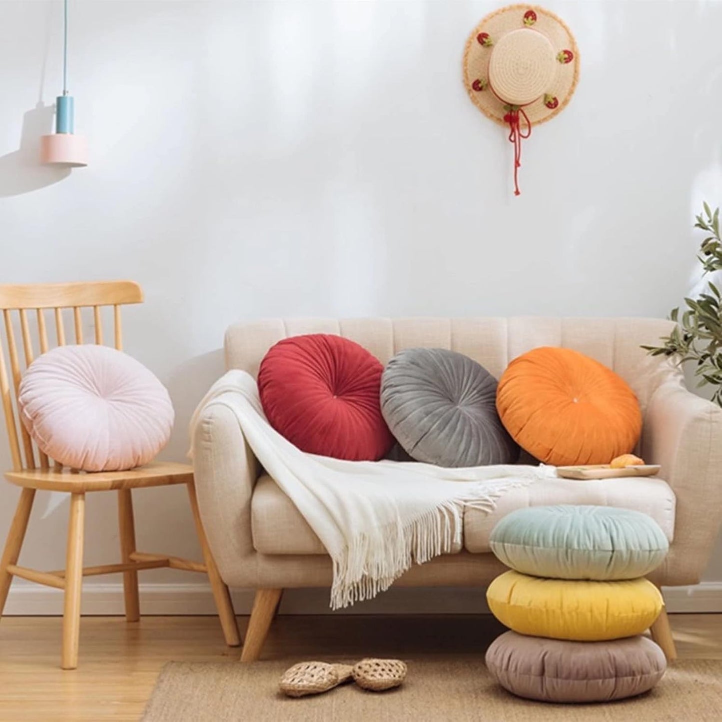 HLOVME Round Pillow Cushion for Couch Velvet Decorative Small Throw Pillow Solid Color for Living Room Bed Floor 15.7”, Lightcoral