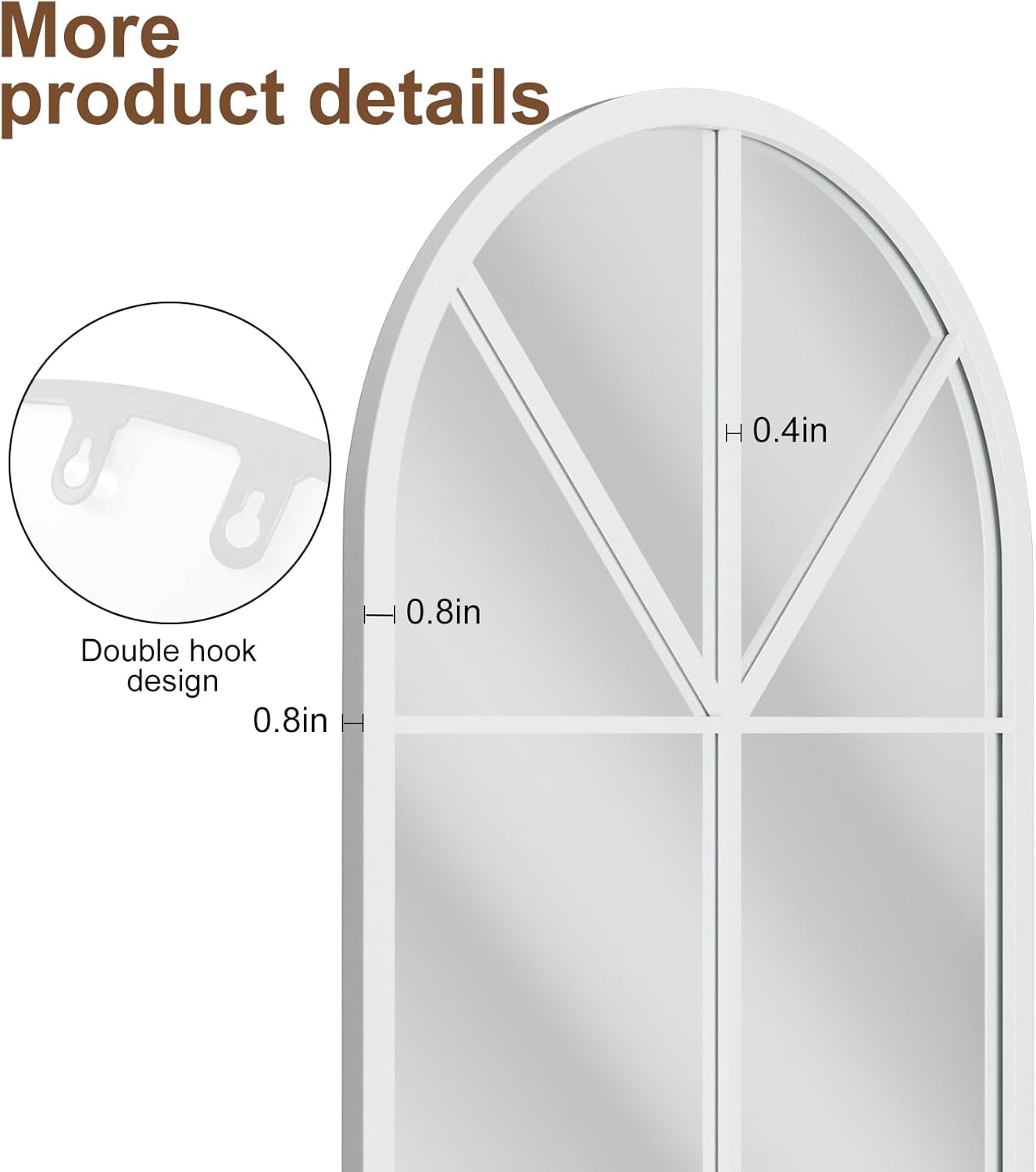 Floor Full Length Mirror, White Arched-Top Mirror Full Length, Large Window Pane Body Mirrors, 65"x22" Wall Mounted Standing Mirrors Hanging or Leaning for Bedroom, No Stand