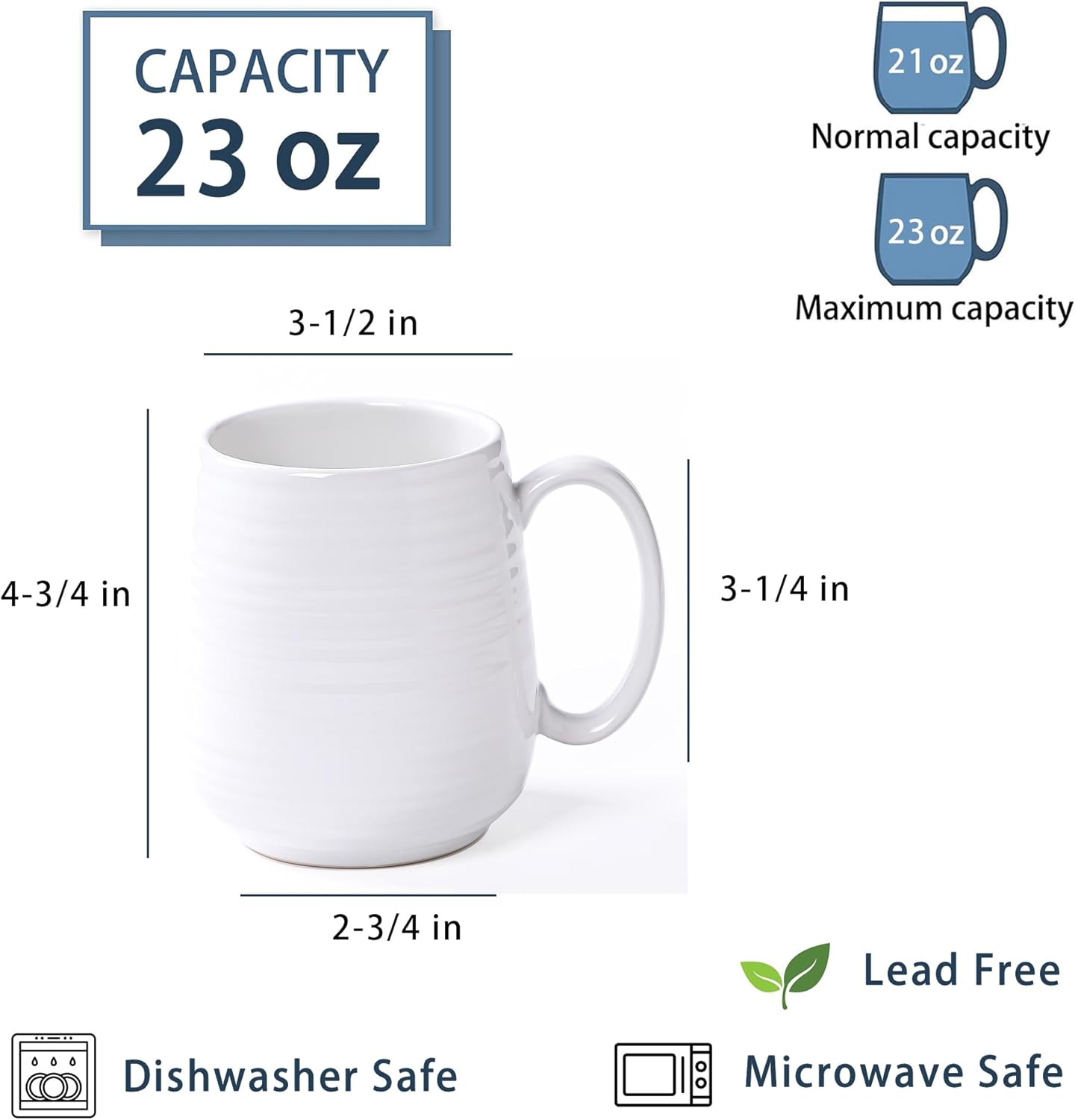 Large Coffee Mugs, Extra Large Ceramic Coffee Mug, 23 oz Handmade Pottery Mug, Big Tea Cups with Handle for Office and Home, Dishwasher and Microwave Safe (White)