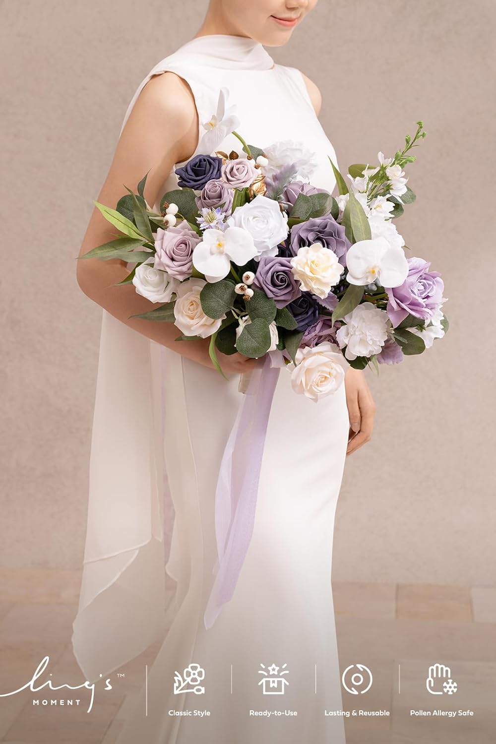 Ling's moment Lilac Wedding Bouquets for Bride, Purple Bridal Bouquets for Bride, 15 Inch Free Form Artificial Wedding Flower Bouquet