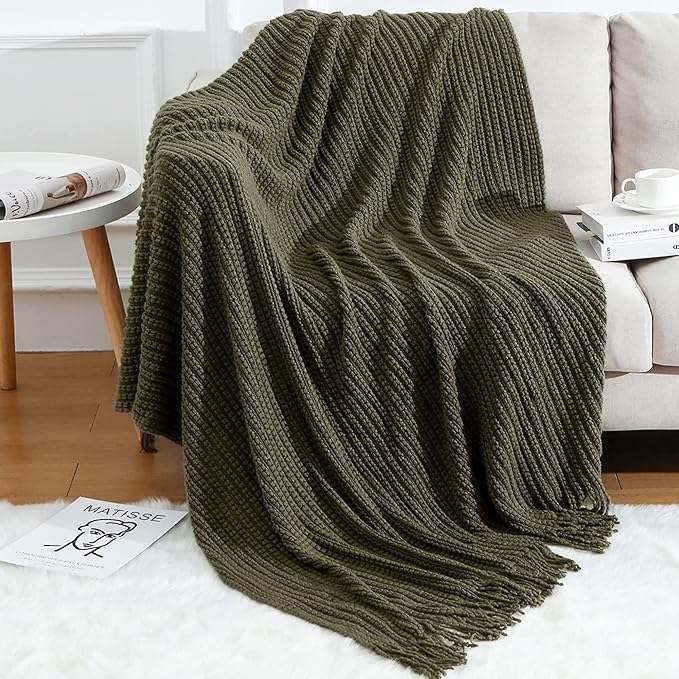 Blagic Knitted Throw Blanket for Couch Soft Farmhouse Boho Throw Blanket with Tassels Home Decorative Lightweight Olive Green Throws for Bed/Sofa, Wheat Textured, 60" W x 80" L