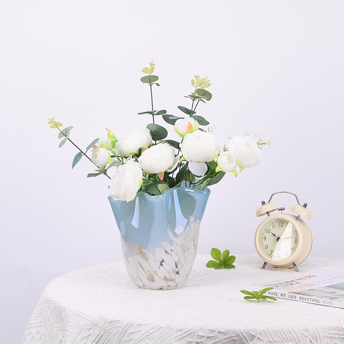 Hand Blown Glass vase, Blue Glass Art Wide Mouth vase for Home Living Room, Fireplace Decor, Table centerpieces, entryway Tables and Wedding Decor.