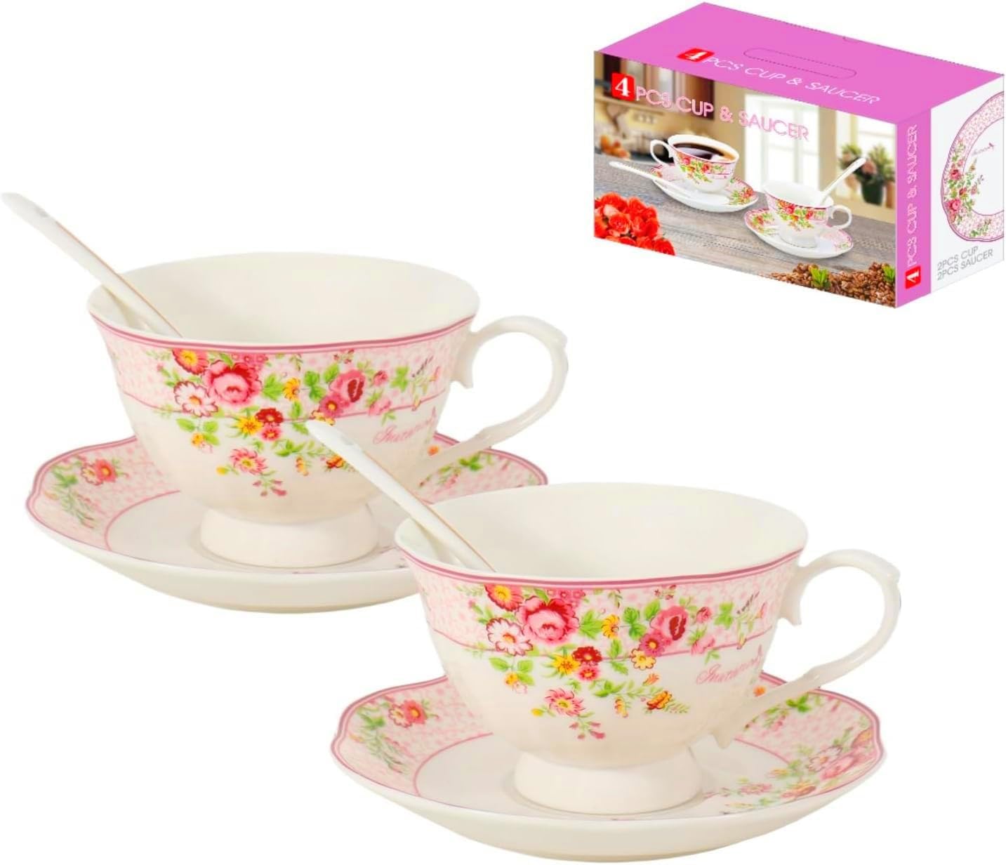 Cup and Saucer Sets of 2 with Spoon, 8oz Large Tea Coffee Cups and Saucers New Bone China Floral Vintage Cup & Saucer Sets Porcelain Tea Latte Mugs -Microwave Dishwasher Safe