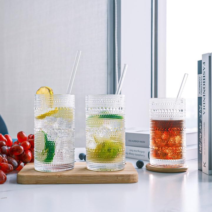 Hobnail Drinking Glasses Vintage Glassware SetVintage Glassware Set (6CLEAR-ADD STRAWS)