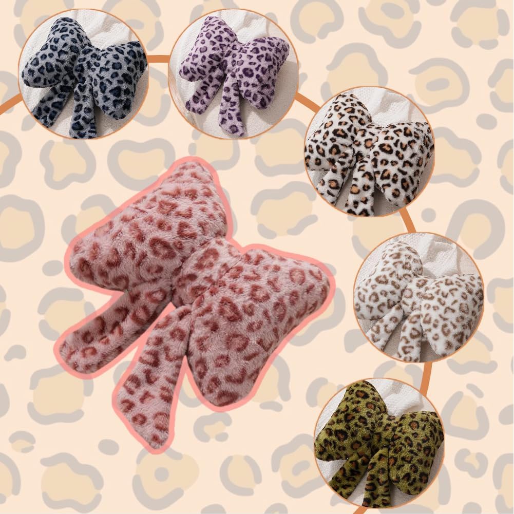 Leopard Print Bow Throw Pillows Cute Plush Pillow Stuffed Bow Backrest Cushion Home & Car Decoration