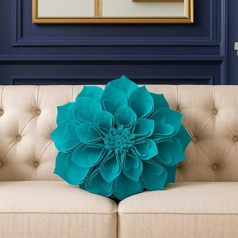 Fennco Styles Handmade 3D Heart-Shaped Petals Flower Decorative Throw Pillow Cover Only - 13" Round Teal Floral Pillow Case for Couch, Home Décor and Holiday, Housewarming Gift