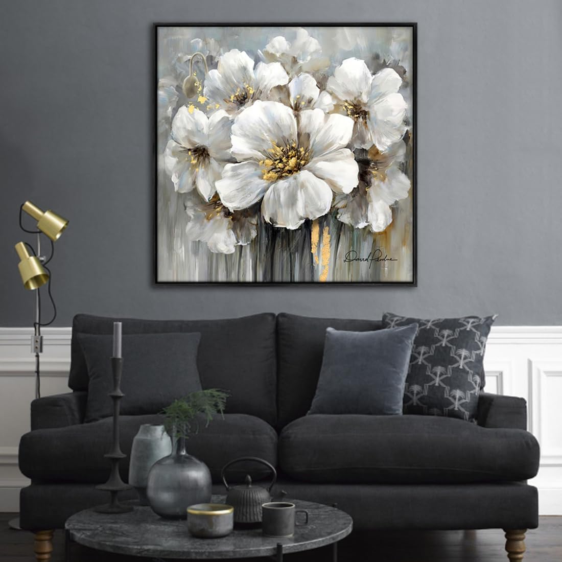 Living Room Flowers Wall Art White and Gray Floral Pictures with Gold on Canvas for Home Decor Framed 36" x 36", Solid Wood Framed