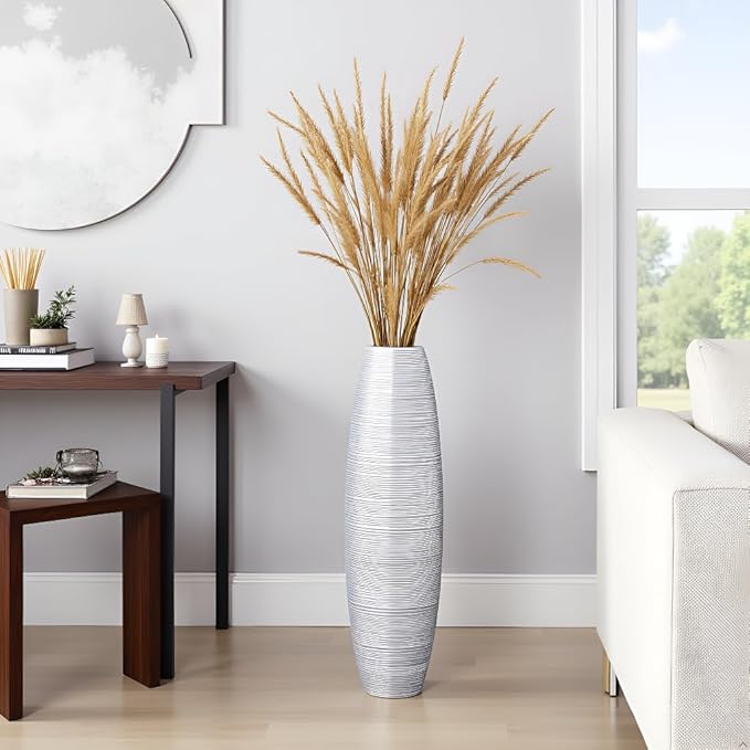 Tall Floor Vase, 27.5 inches (70cm, 2.3FT) Tall Vases Sturdy, Luxury, Textured for Decorative Branches Dried Flowers, Floor Vase for Rustic Living Room, Modern Decor, Resin Silver Vases