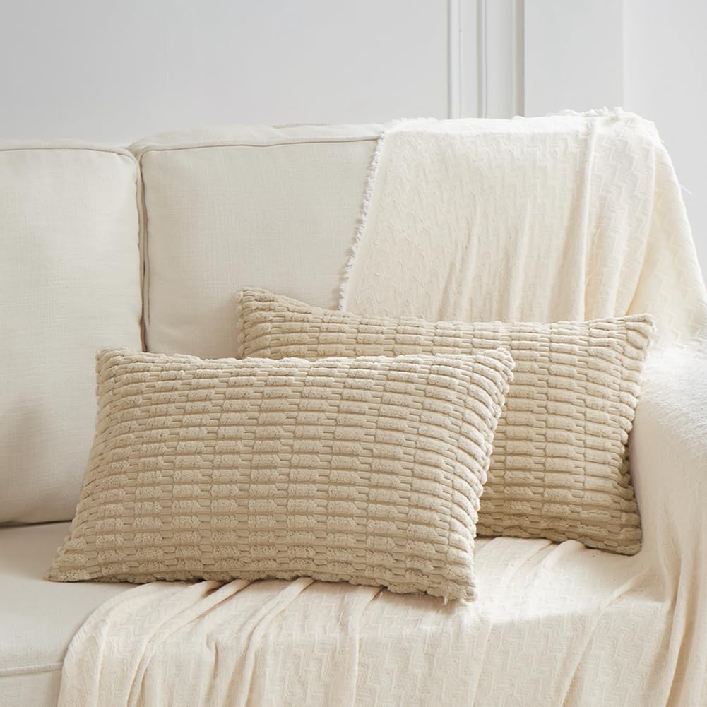 Fancy Homi 4 Packs Tan Decorative Throw Pillow Covers 22x22 Inch for Living Room Couch Bed Sofa, Beige Rustic Farmhouse Boho Home Decor, Soft Plush Striped Corduroy Square Cushion Case 55x55 cm