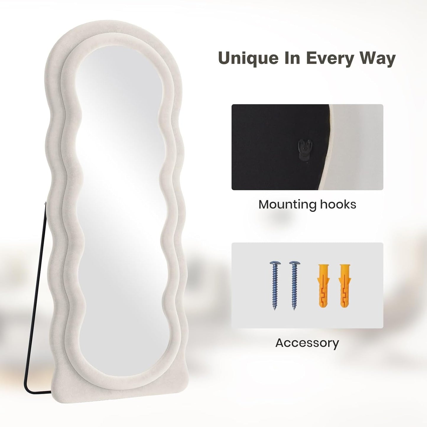 Full Length Mirror 63"x24" Arched Wavy Full Body Wall Mounted Floor Mirror with Stand Ivory Flannel Frame Leaning Hanging Wall Mirror for Bedroom Entrance