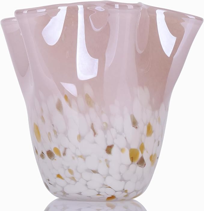 DOVDOV Hand Blown Pink Glass vase, Wave Wide Mouth vase Decoration, Unique Glass vase for Dining Room Table Centerpiece, Living Room TV Stand Decoration, Room Decoration and Office Decoration Flowers