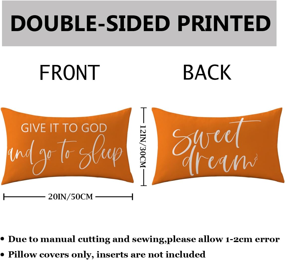 Bedding Decorative Pillowcases Reversible Give It to God and Go to Sleep Cushion Covers Sleep Themed Throw Pillow Covers 12''x20'' for Bedroom Guest Room Housewarming Gifts (Orange)