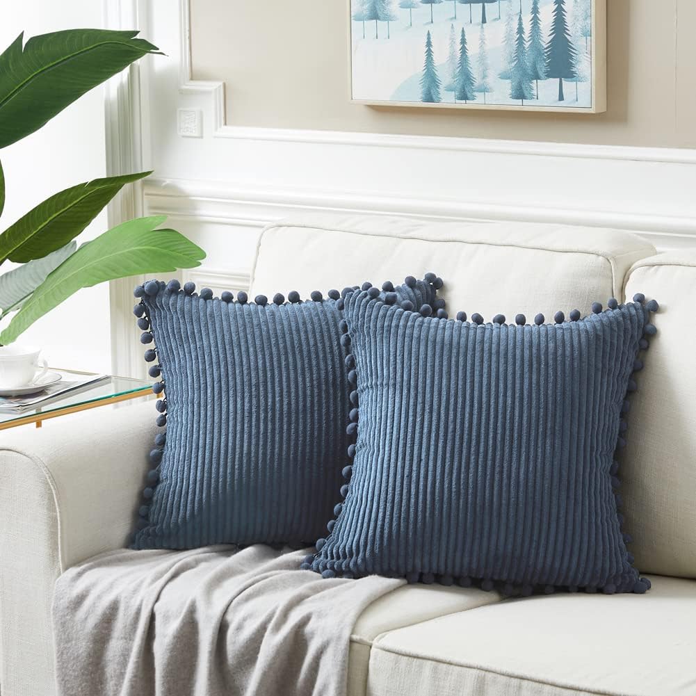 Fancy Homi 22x22 Pillow Covers, 2 Packs Dusty Blue Throw Pillow Covers with Pom-poms, Super Soft Corduroy Square Solid Cushion Cover for Couch Sofa Bedroom Living Room 55x55 cm