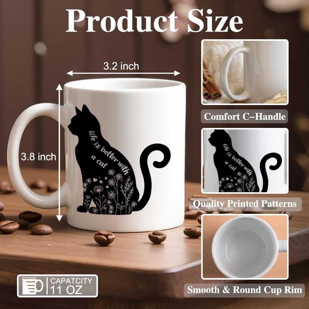 Life Is Better With A Cat Ceramic Coffee Mug for Women Men, Funny 11oz Floral Black Cat Mug for Cats Dad Mom, Cats Lover Gifts, Novelty Mothers Day Christmas Birthday Gifts
