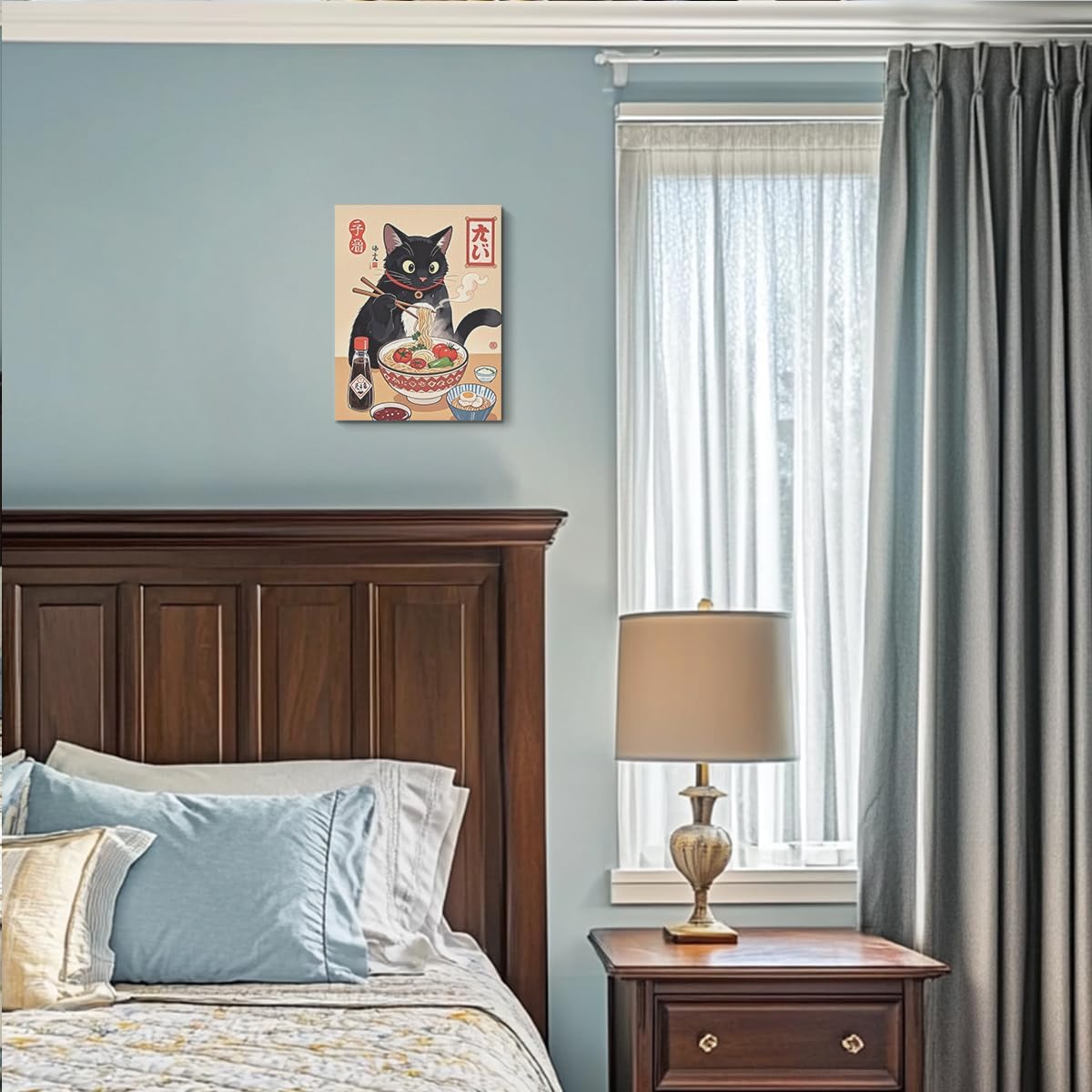 HZMLYDJ Cute Japanese Cat Canvas Wall Art, Quirky Cats Eating Ramen Posters Trendy paintings Wall Art Decor, Aesthetic Canvas Decoration Artwork for Walls Home Living Room Kitchen Dining Room Decor