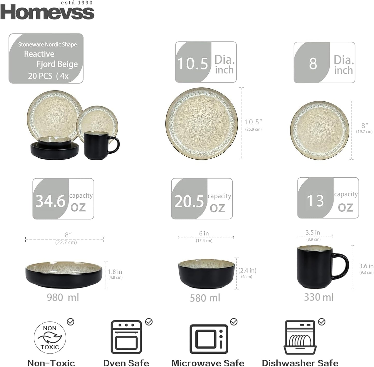 Euro-Nordic Stoneware 20pc Dinnerware Set, Reactive Glaze Bubble Beige