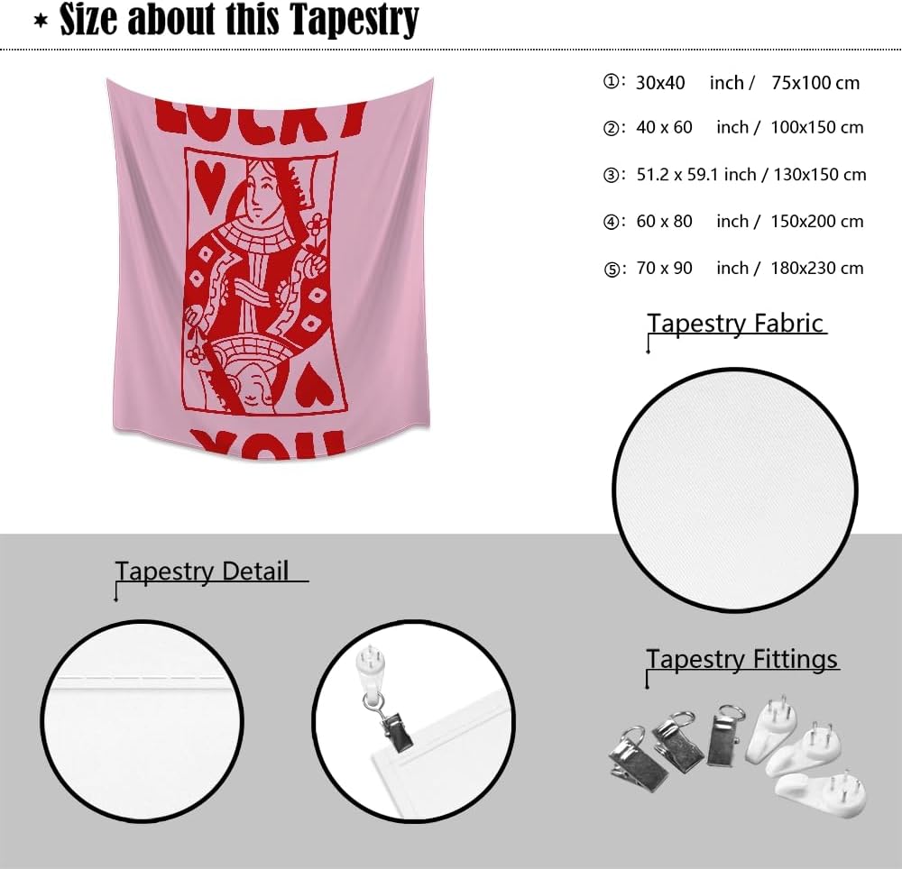 Medpol Retro Lucky You Playing Card Tapestry, Pink Queen of Hearts Wall Hanging, Funky Poker Aesthetic Decor for College Dorm Bedroom Living Room 50x60inch