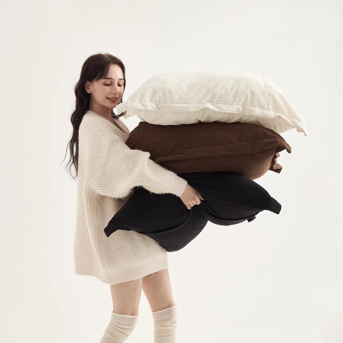 Decorative Pillow Covers - Dark Brown, Black & White | Extra-Large 30x30, Striped Corduroy, Low Maintenance Elegance for Modern, Spacious Interiors