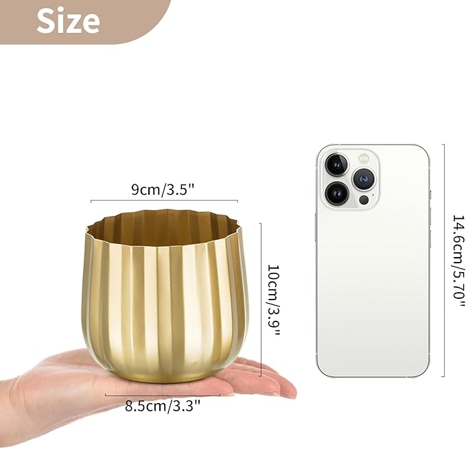 Gold Vases Compote Centerpiece Planter: 4" Ribbed Metal Vase Small Compote Bowl Planter Pot with Drainage Hole for Wedding Table Centerpiece Indoor Plants Set of 2