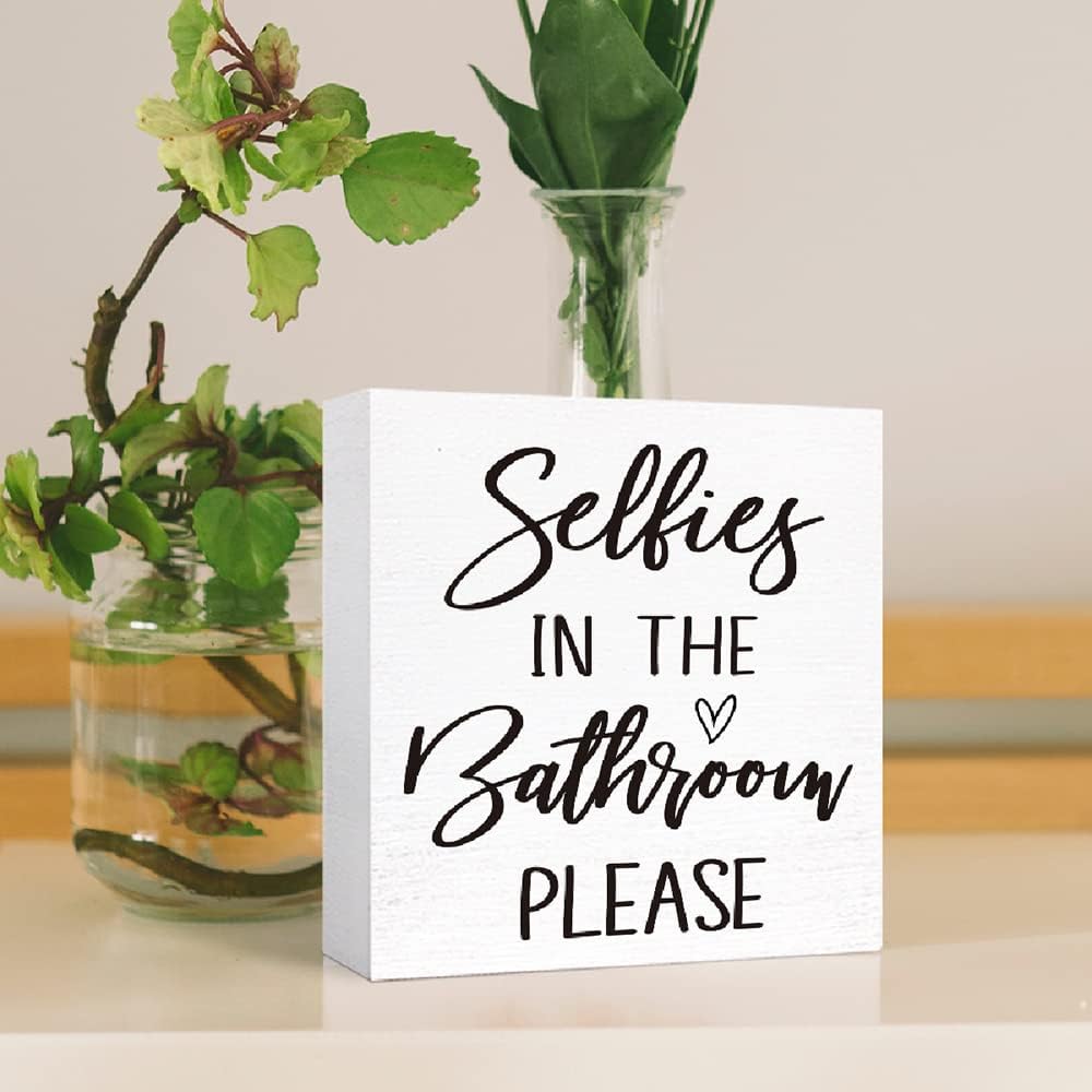 Funny Bathroom Wood Sign Selfies in the Bathroom Please Wood Block Sign for Bathroom Shelf Toilet Restroom Home Tabletop Desk Decor,Farmhouse Bathroom Wooden Box Sign