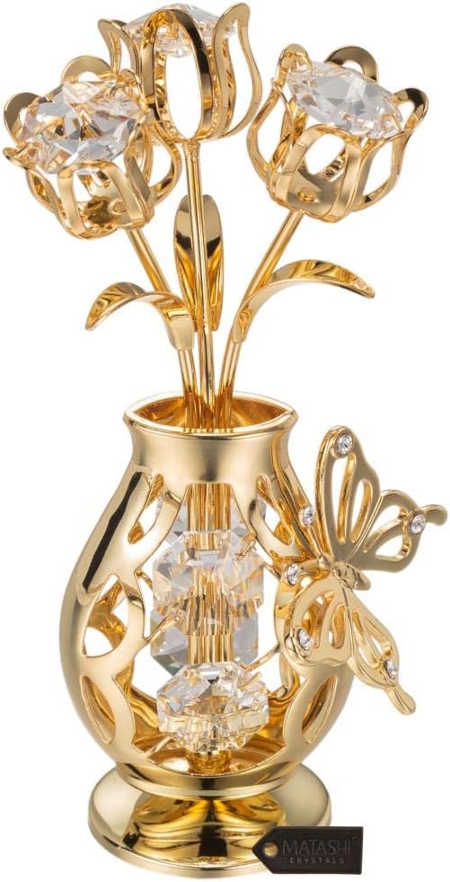 Matashi 24K Gold Plated Crystal Studded Flower Ornament in a Vase with Decorative Butterfly – Elegant Tabletop Showpiece Unique GIF for Mom, Wife, Grandma – Mother’s Day, Birthday