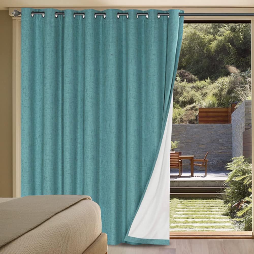 H.VERSAILTEX Linen Blackout Curtains Durable Thick Textured Linen Look 100% Blackout Patio Door Curtain Anti Rust Grommet Extra Wide Sliding Door Curtain Panel, W100 x L96 inch - Teal