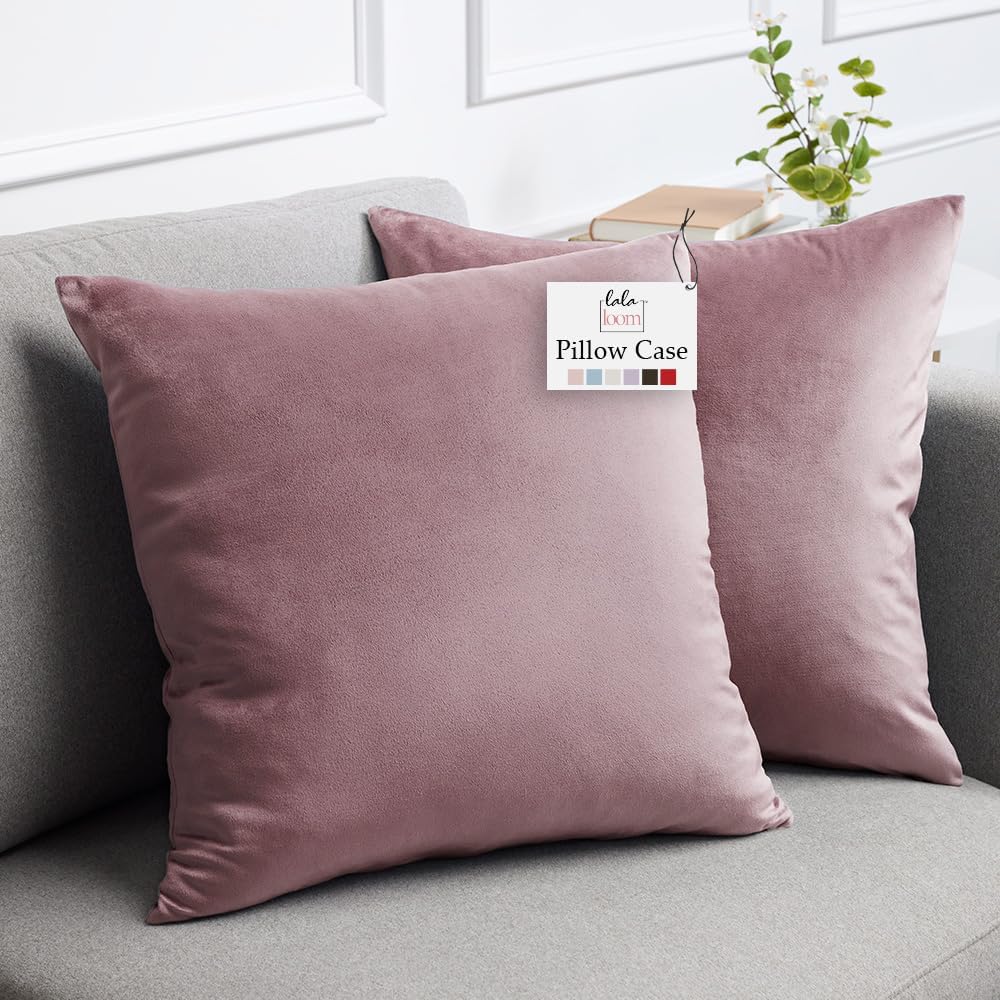 lalaLOOM Velvet Throw Pillow Covers, Set of 2, 20x20 Decorative Square Pillows Home Decor, Soft Accent Cases, Silky Machine Washable Pillowcases for Sofa, Couch, Bedroom, Living Room, Dusty Rose