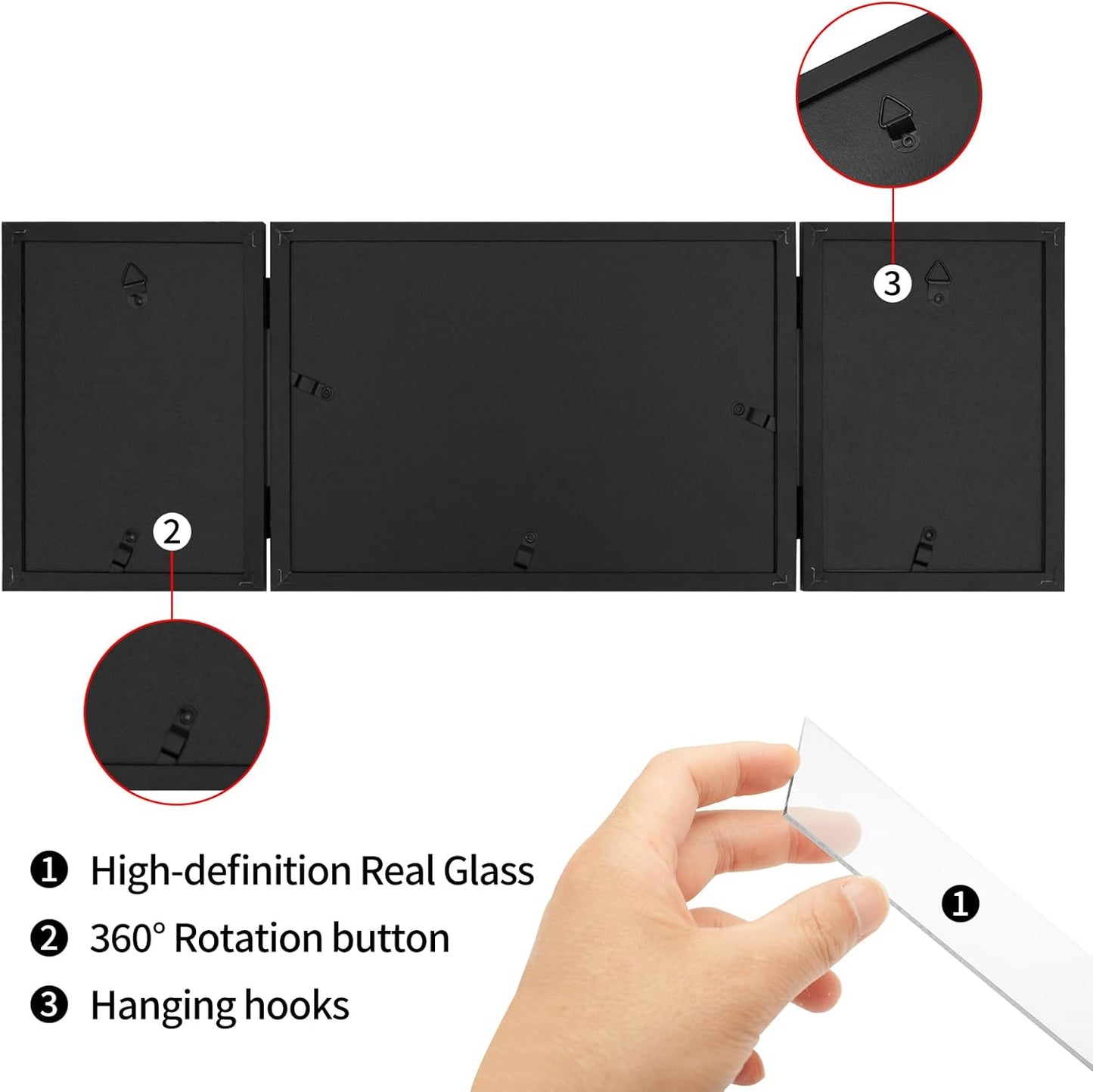 Hinged 3 Picture Frame 4x6 & 5x7 Folding Collage Photo Frames Multiple Wooden Desk Picture Frames with Mat for Office Tabletop or Wall Decor, Black